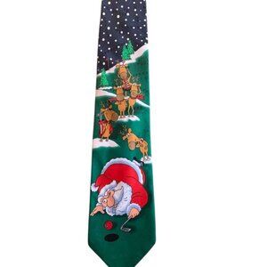 Vintage Hallmark Tie Golfing Santa Claus Necktie Polyester Reindeer Christmas Th